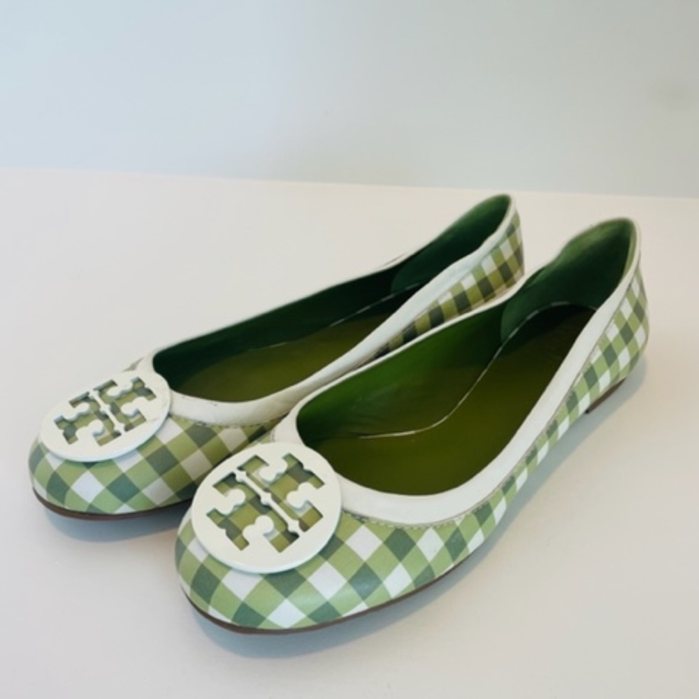 Tory Burch green & white gingham Minnie Flats,  perfect condition, SIZE 10